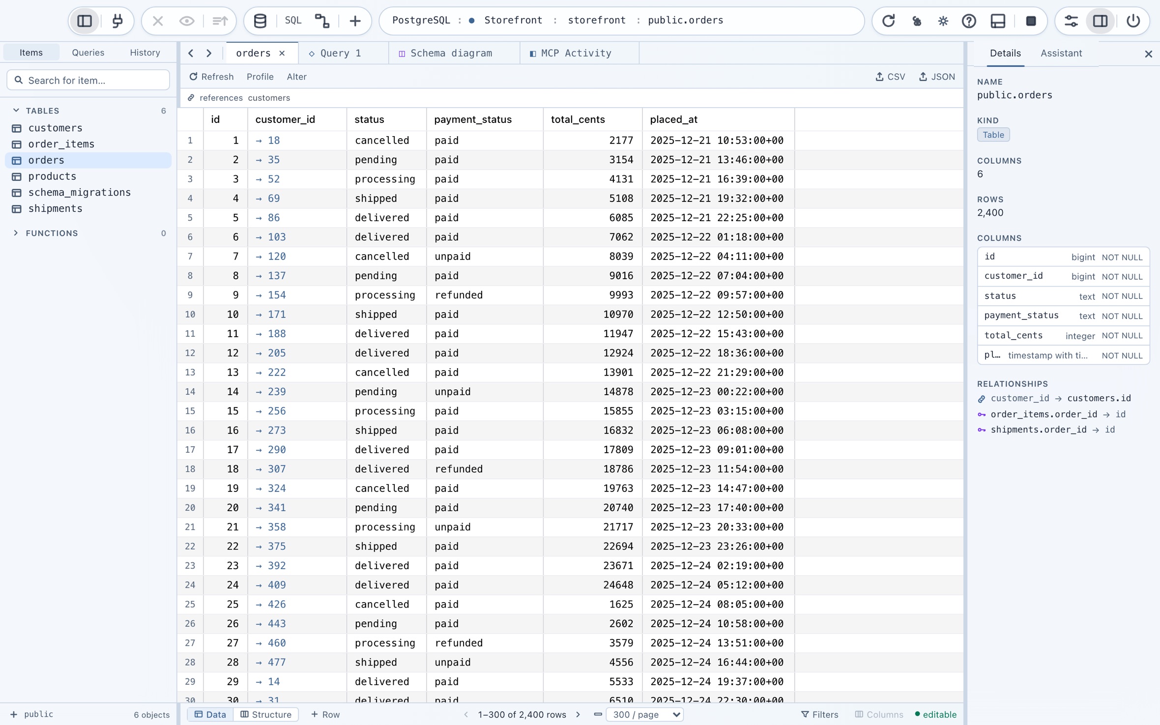 TableIQ showing the orders table of a storefront Postgres database, with the schema sidebar, a paged data grid and the table inspector