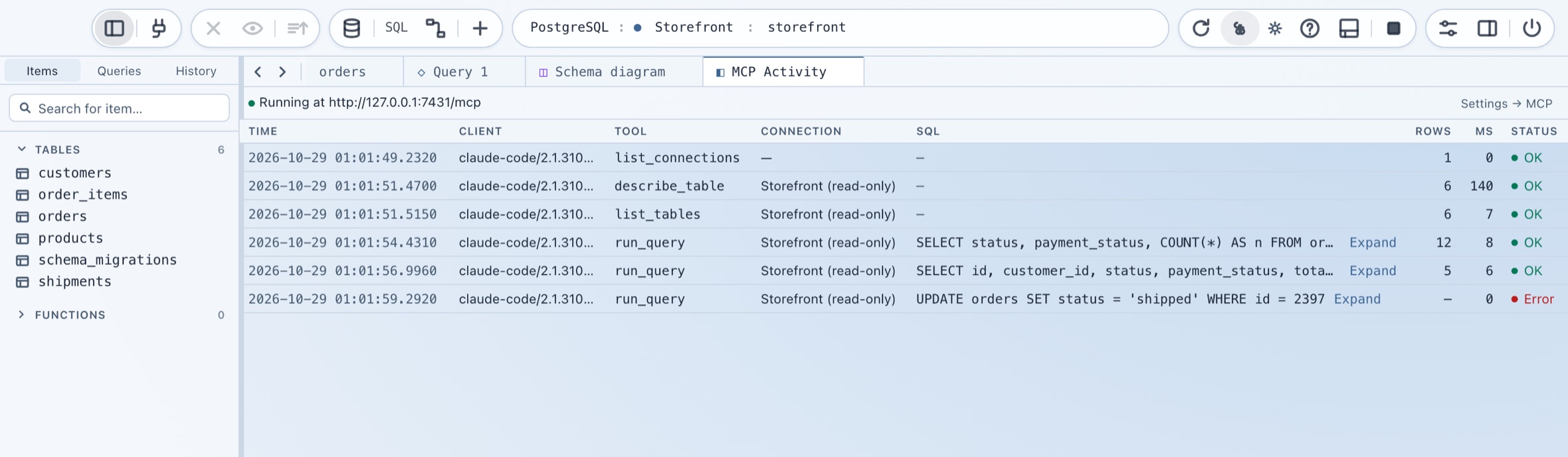 MCP Activity showing Claude Code listing connections, describing a table and running two SELECT queries, then an UPDATE that TableIQ refused