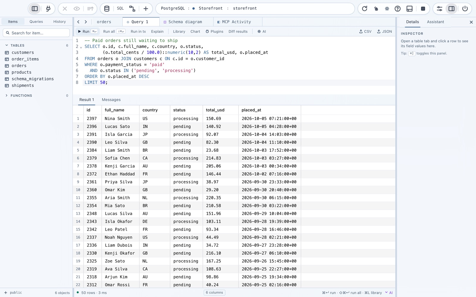 SQL editor with a query joining orders and customers, and its result grid below