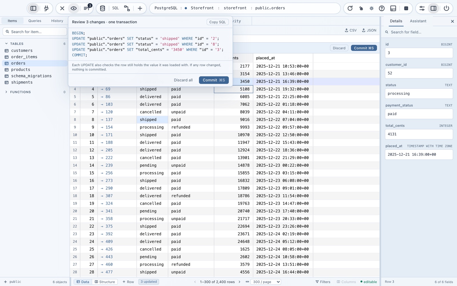 Staged cell edits in the data grid with the pending SQL ready to review